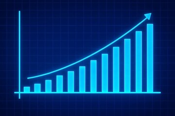 Glowing blue bar graph shows upward trend with arrow indicating growth and success on dark background