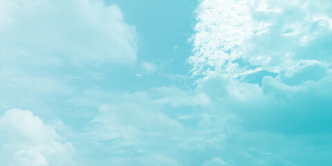 Fototapeta premium Sky blue clouds, tropical panorama, fluffy sunny light, natural, fresh weather storm clouds effect on the background