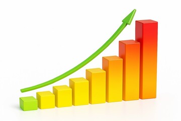 Colorful 3d bar graph showing upward trend with green arrow indicating growth and success