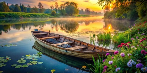 Obraz premium Serene Sunrise A Wooden Rowboat Gently Anchored on a Calm River, Surrounded by Vibrant Water Lilies and Lush Blooming Flowers at Dawn