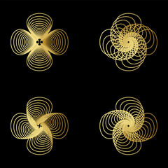 Golden Abstract Circular Geometric Line Patterns on Black Background