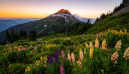 A vibrant mountain meadow bursts with colorful wildflowers at sunrise, showcasing a tapestry of yellows, pinks, and purples against a backdrop of lush green hills and a majestic peak.