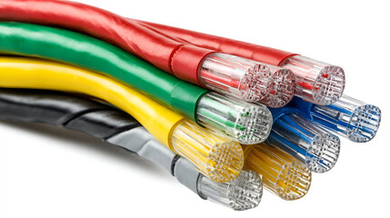 Colorful cables with clear connectors closeup view showing internal wires