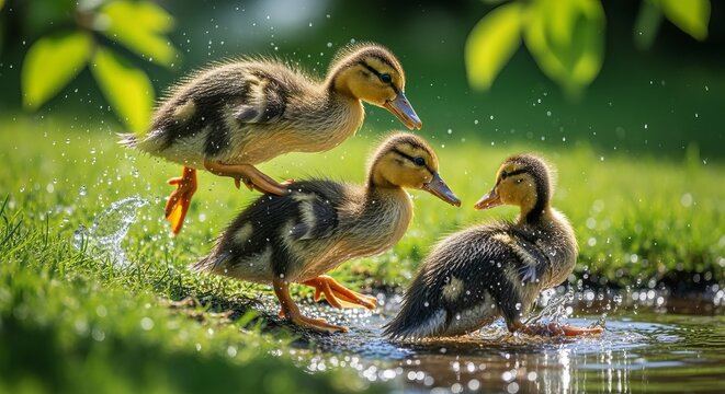 Playful Duckling Trio Paddling in Water on Green Grass