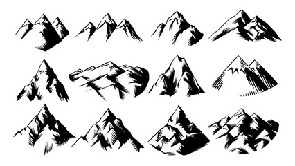 Fototapeta premium Mountain emblem or icons set. Hand drawn frozen peaks for your design, water bottle, expeditions, adventure and lifestyle business. Explore hills and woods. For clothing