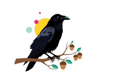 Obraz premium A majestic black raven perched on a branch with acorns and colorful circles in the background