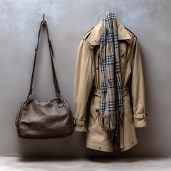 Neutral Fall Fashion Stylish coat and bag hanging on a wall hook.
