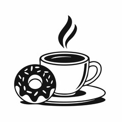 Black and white delicious coffee cup and donuts vector image on white background.