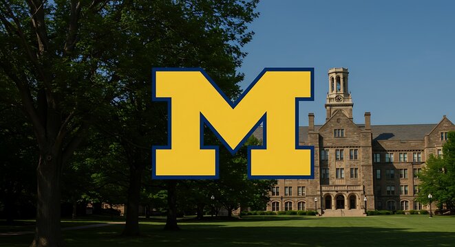 University of Michigan's iconic "M" logo superimposed over a building on campus, surrounded by green trees and a blue sky.