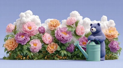 Fototapeta premium Playful bear tending to vibrant garden filled with colorful peonies and lush greenery, creating cheerful and whimsical atmosphere. bear is watering flowers, showcasing love for nature
