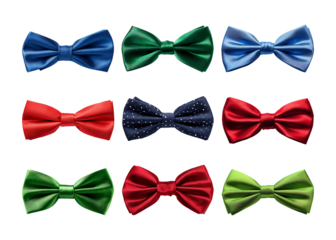 Collection of nine colorful satin bow ties isolated on transparent background