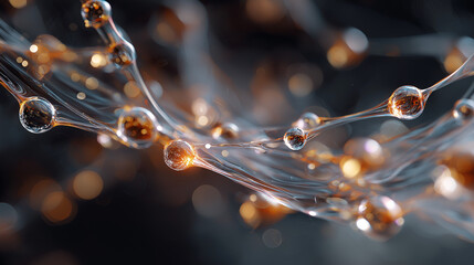 Molecular Web: A mesmerizing macro shot features an intricate network of delicate, interconnected molecules, shimmering with a golden and transparent allure against a softly blurred background.