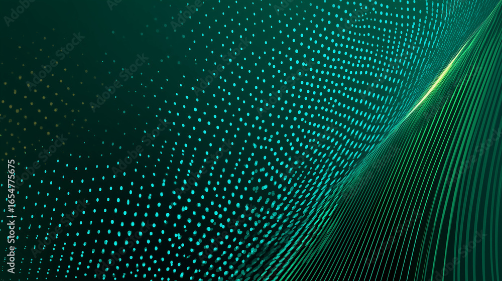 Poster abstract waveform: an abstract, digital illustration of a dynamic waveform composed of shimmering gr