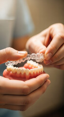 Transparent Invisalign Aligners Held Above Pink Dental Model.