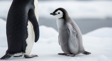 Adorable Emperor Penguin Chick Standing Next to Adult Penguin on Snowy Antarctic Ice Capturing Family Bond
