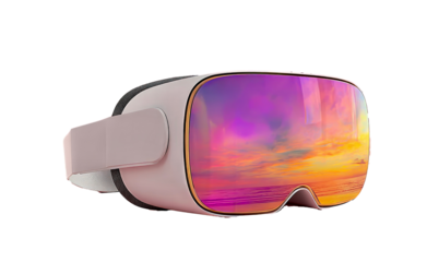 Futuristic VR headset pastel sunset reflection technology innovation gaming future