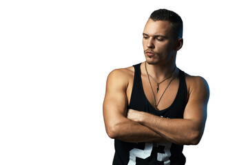 Muscular Man in Black Tank Top with Confident Expression