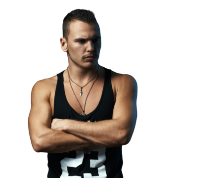 Confident Man in Black Tank Top on Transparent Background - Powered by Adobe
