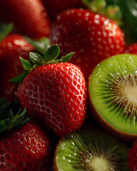 Juicy Fruits: A vibrant composition of fresh strawberries and sliced kiwi, showcasing their enticing textures and colors. 