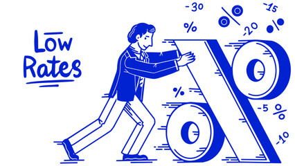 A businessman in suit pushing a percent sign for your needs. Concept for online bank or your finance company. Special offer, sale, gift