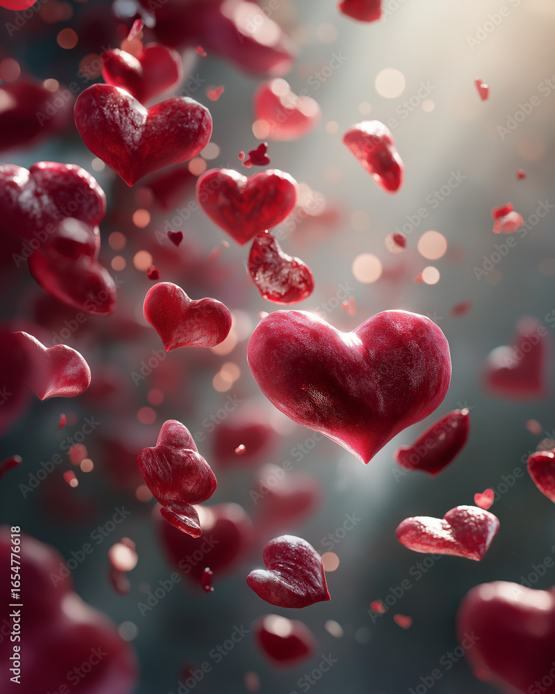 Poster hearts' serenade: a visual poem of floating, ruby-red hearts, illuminated by soft light, creating a 