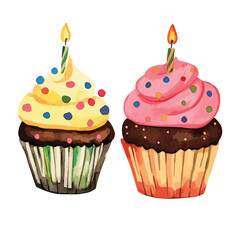 Watercolor Birthday Cupcakes with Candles and Sprinkles