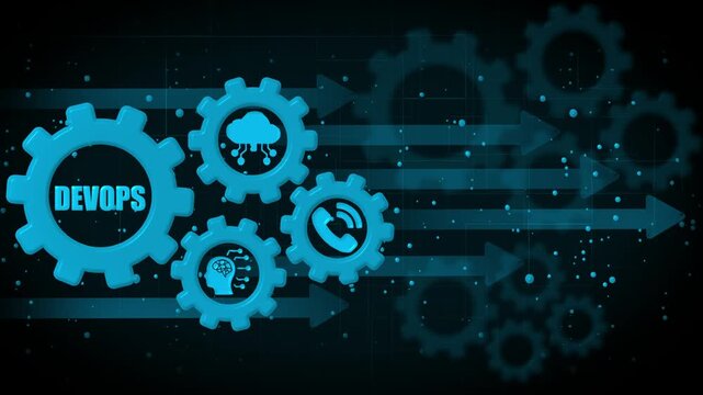 Dev Ops concept gears with cloud brain and phone icons digital technology workflow automation
