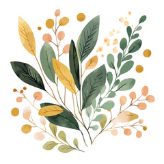 Watercolor botanical illustration featuring various leaves berries and dots in earthy tones