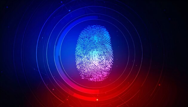 A vibrant, digital fingerprint graphic against a dark backdrop of concentric circles, glowing with shades of blue and red.