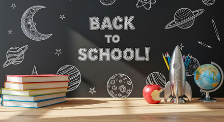 Space themed back to school setup with books, globe, rocket and an apple