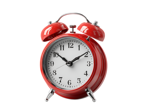 Classic red twin bell alarm clock with white face isolated on transparent background