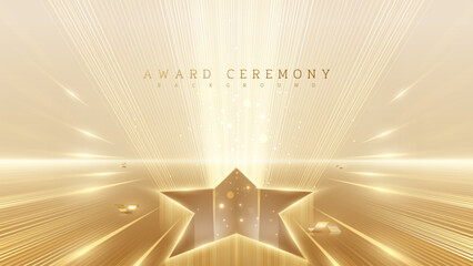 Luxury star shape stage background with golden neon light effect and bokeh decoration.