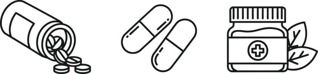 Fototapeta premium Vector art of pills, capsules, and medicine bottle icons
