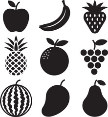 Assorted Fruit Silhouettes Including Apple Banana Strawberry Pineapple Orange Grapes Watermelon Mango