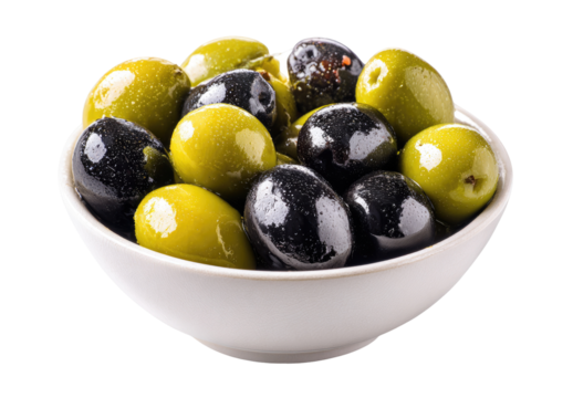 A shallow white bowl brimming with mixed green and black olives