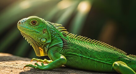 Fototapeta premium Vibrant Green Iguana Reptile Close Up Portrait Capturing Sunlight Rays Through Tropical Leaves In A Lush Forest Environment Symbolizing Wild Nature And Exotic Wildlife