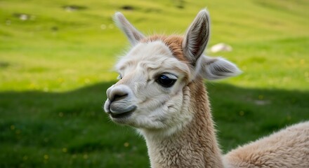 Adorable Young Alpaca Portrait in a Lush Green Field Capturing Gentle Nature and Pastoral Charm with a Friendly Expression and Soft Fur Texture