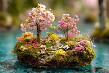 Miniature Spring Meadow Diorama with Cherry Blossom Trees on Floating Moss Islet