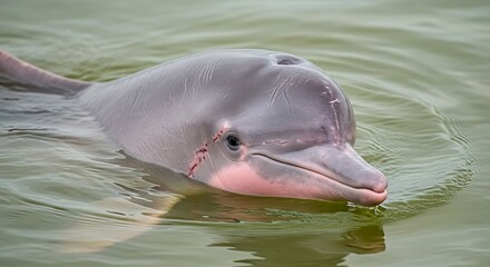 Fototapeta premium Close up shot of a playful pink river dolphin swimming gracefully through calm murky water showing its distinctive smile and gentle nature. Boto color pink