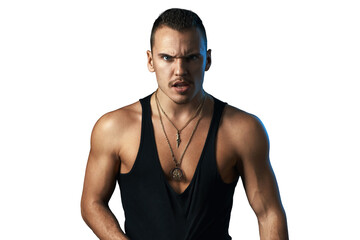 Intense Man with Focused Expression on Transparent Background