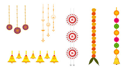 Hanging Diya Strings – Festival Border & Ornament Vector for Invitations, Banners and Mandap Decor – Transparent, Bandhanwar Flower Garland with swastik Sign & Kalash – Traditional Door Decor  