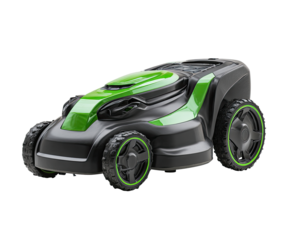 Modern, green and black robotic lawn mower.  Features sleek design,  with a  compartment for clippings.  Autonomous, self-propelled, and likely electric-powered