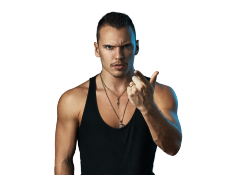 Serious Man Pointing in Black Tank Top on Transparent Background