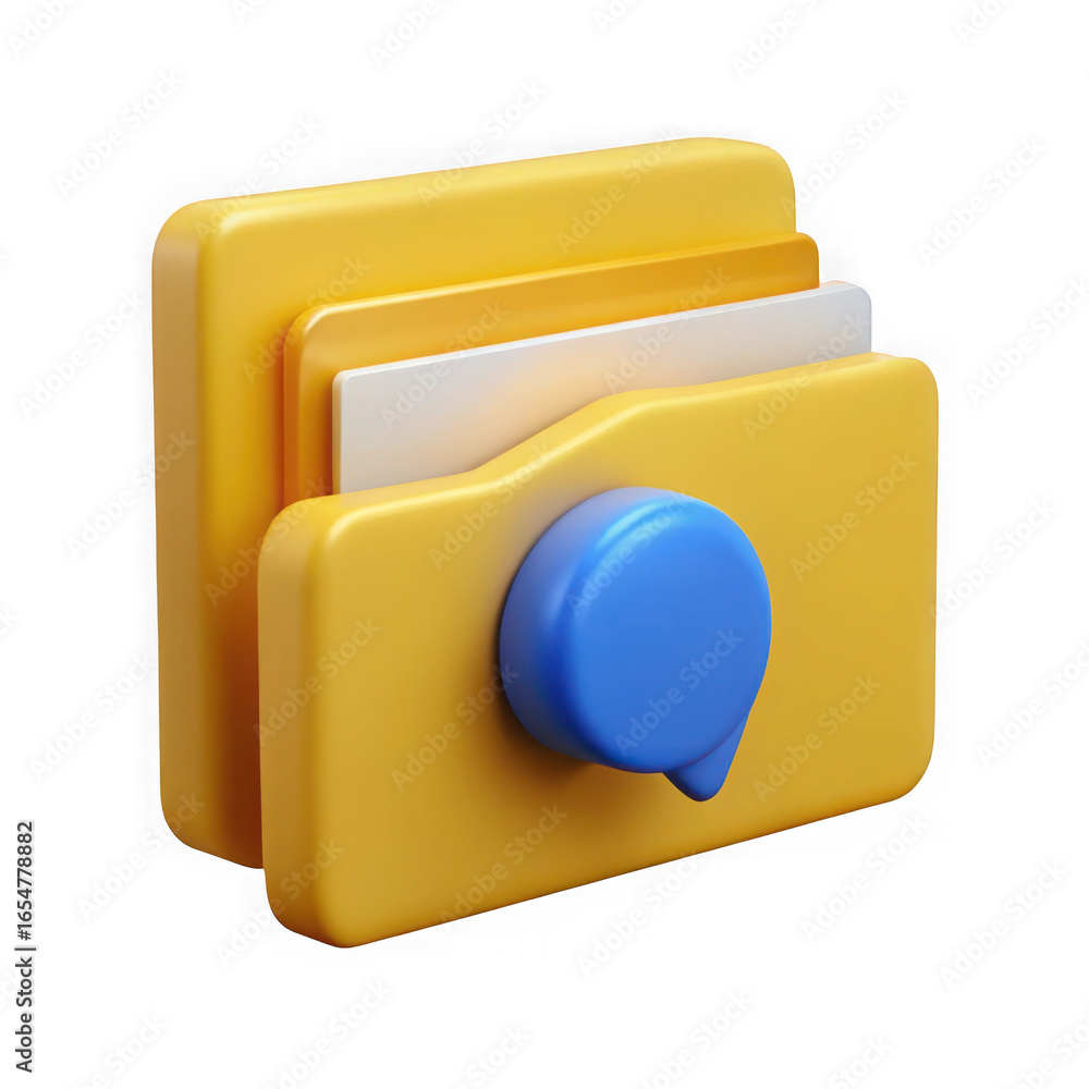 Poster 3d cartoon yellow folder icon with white and orange paper inserts and a blue push pin file document 