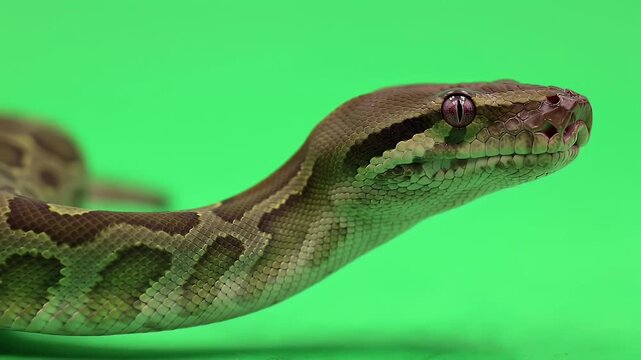 Close-up Profile of a Brown Patterned Python with Striking Eyes Against a Vibrant Green Screen Background