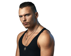 Serious Man with Muscular Build on Transparent Background