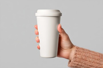 A hand holds a white reusable coffee cup against a gray background
