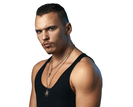 Serious Man with Muscular Build on Transparent Background
