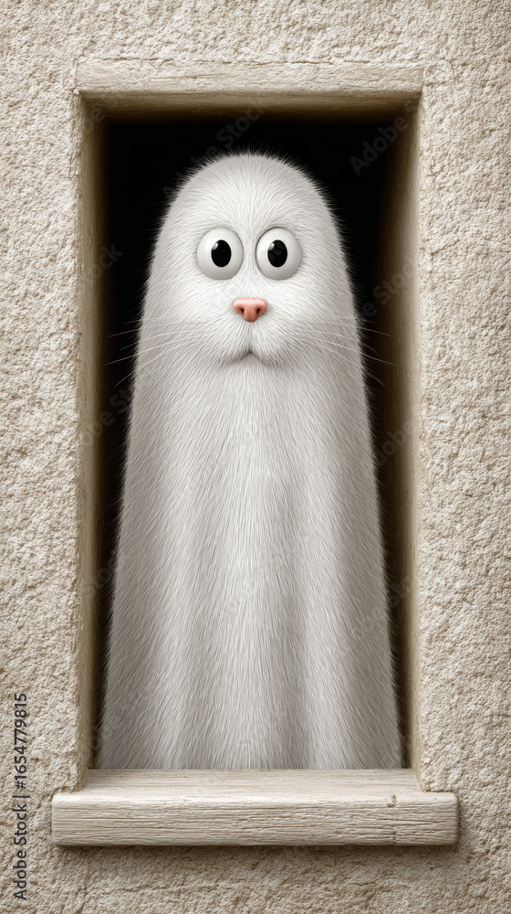 Poster a whimsical cartoon of a ghost cat hiding during a playful game of hide and seek in a spooky setting