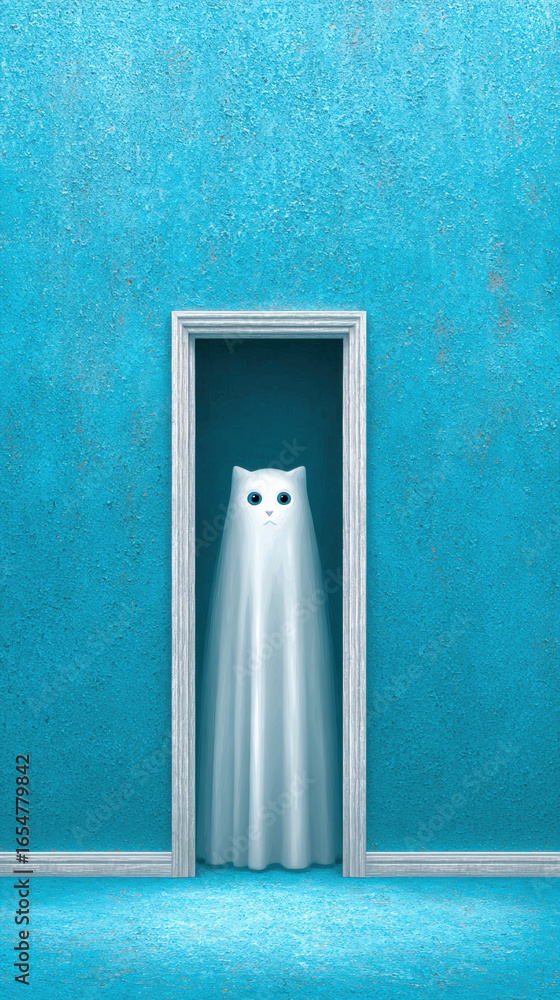 Poster a playful cartoon ghost cat hiding during a game of hide and seek in a whimsical setting.